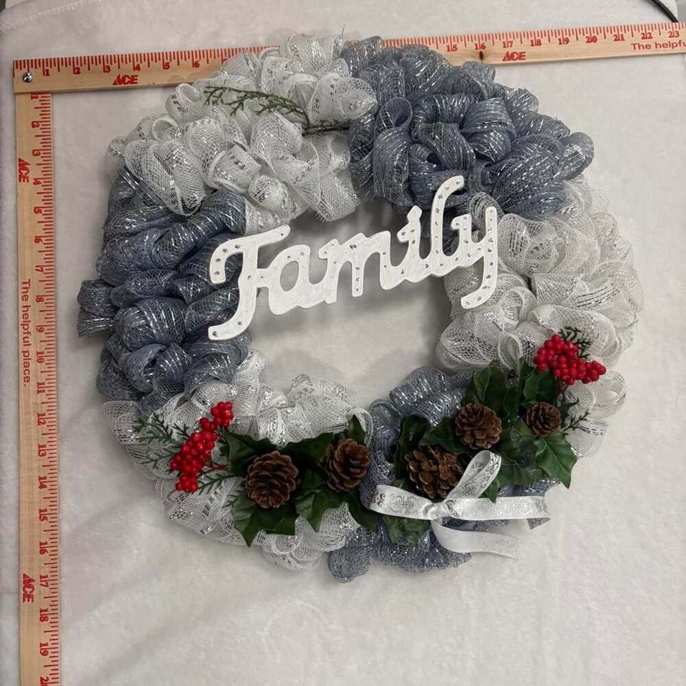 Handmade Holiday Mesh Wreath with Family Sign and Pinecones